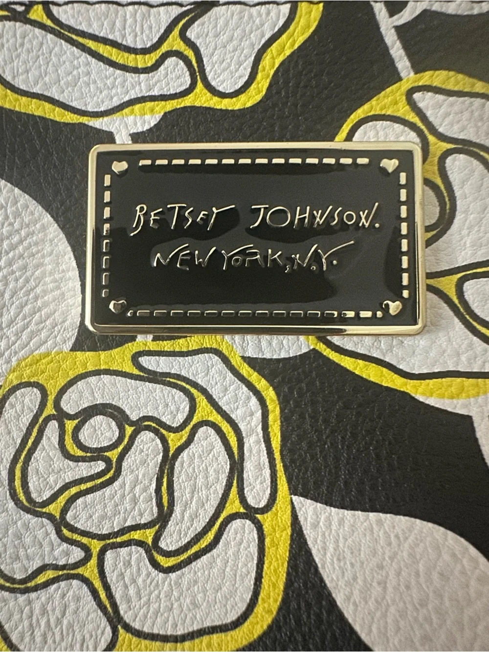 Betsey Johnson Black, White & Yellow Floral Wristlet Clutch w/ Rose Print Lining
